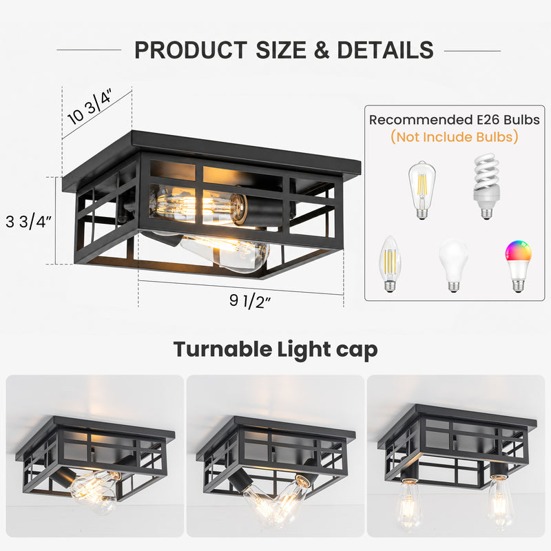 2-Pack 10.75 in. Matte Black Outdoor Flush Mount Ceiling Light with Open Frame, 2-Light, E26 Base, Weather Resistant