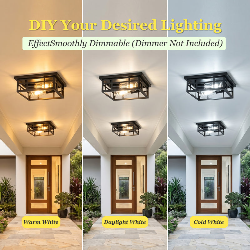 2-Pack 10.75 in. Matte Black Outdoor Flush Mount Ceiling Light with Open Frame, 2-Light, E26 Base, Weather Resistant