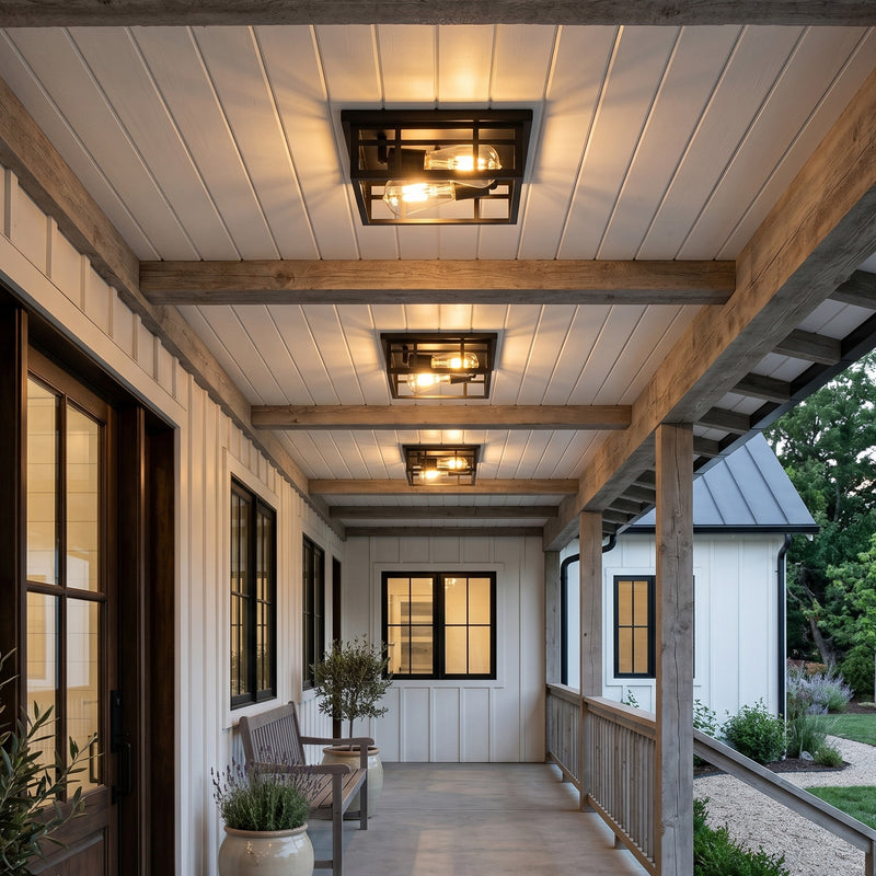 2-Pack 10.75 in. Matte Black Outdoor Flush Mount Ceiling Light with Open Frame, 2-Light, E26 Base, Weather Resistant