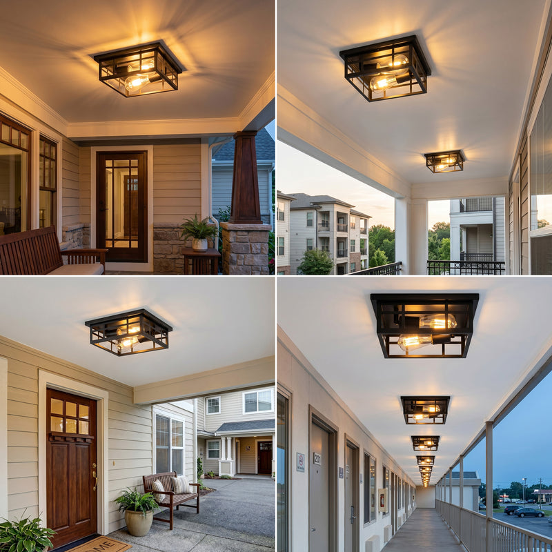 2-Pack 10.75 in. Matte Black Outdoor Flush Mount Ceiling Light with Open Frame, 2-Light, E26 Base, Weather Resistant