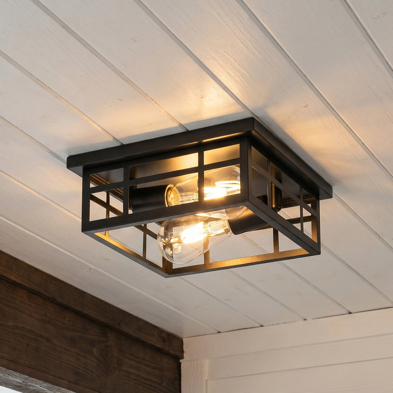 2-Pack 10.75 in. Matte Black Outdoor Flush Mount Ceiling Light with Open Frame, 2-Light, E26 Base, Weather Resistant