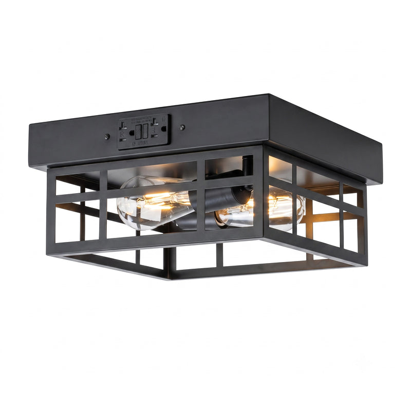 12.2 in. Matte Black Outdoor Flush Mount Ceiling Light with GFCI Outlet, 2-Light Square Cage Fixture, E26 Base
