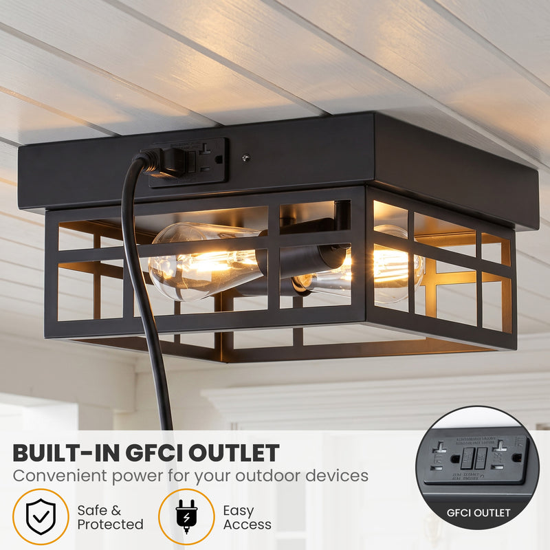 12.2 in. Matte Black Outdoor Flush Mount Ceiling Light with GFCI Outlet, 2-Light Square Cage Fixture, E26 Base