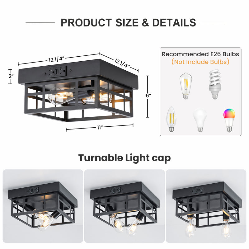 12.2 in. Matte Black Outdoor Flush Mount Ceiling Light with GFCI Outlet, 2-Light Square Cage Fixture, E26 Base