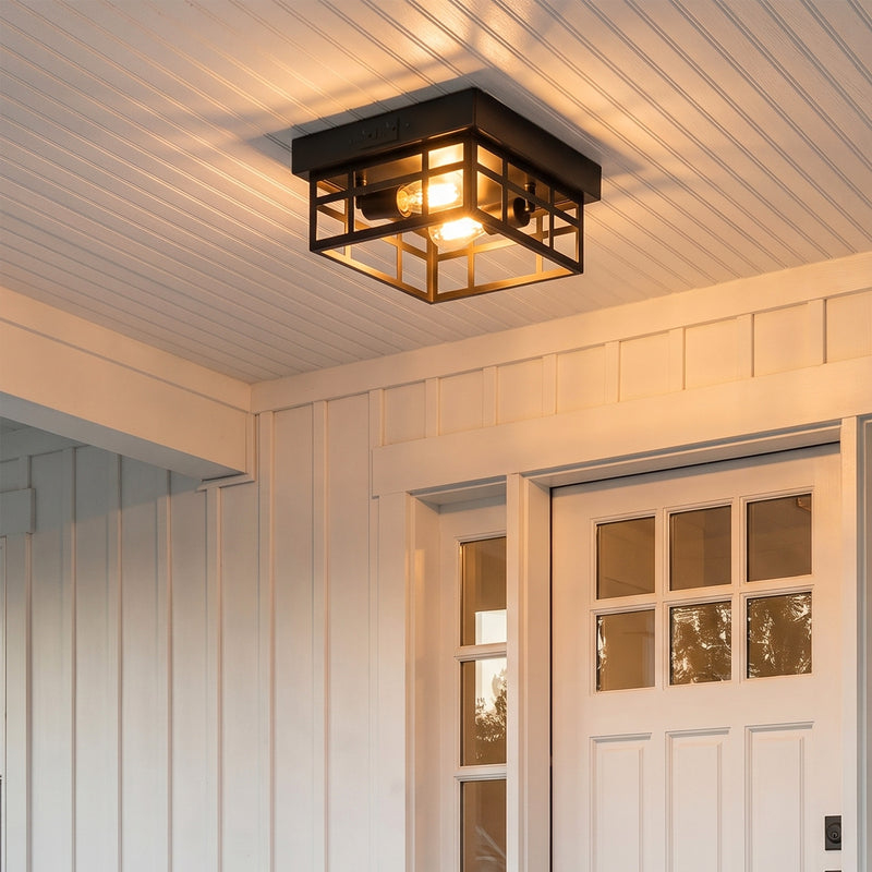 12.2 in. Matte Black Outdoor Flush Mount Ceiling Light with GFCI Outlet, 2-Light Square Cage Fixture, E26 Base