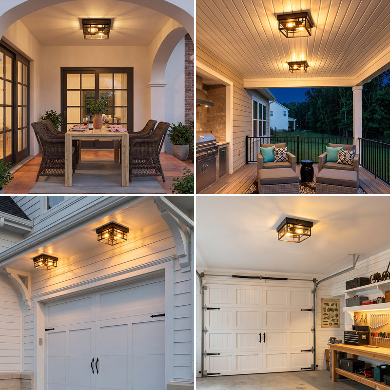 12.2 in. Matte Black Outdoor Flush Mount Ceiling Light with GFCI Outlet, 2-Light Square Cage Fixture, E26 Base