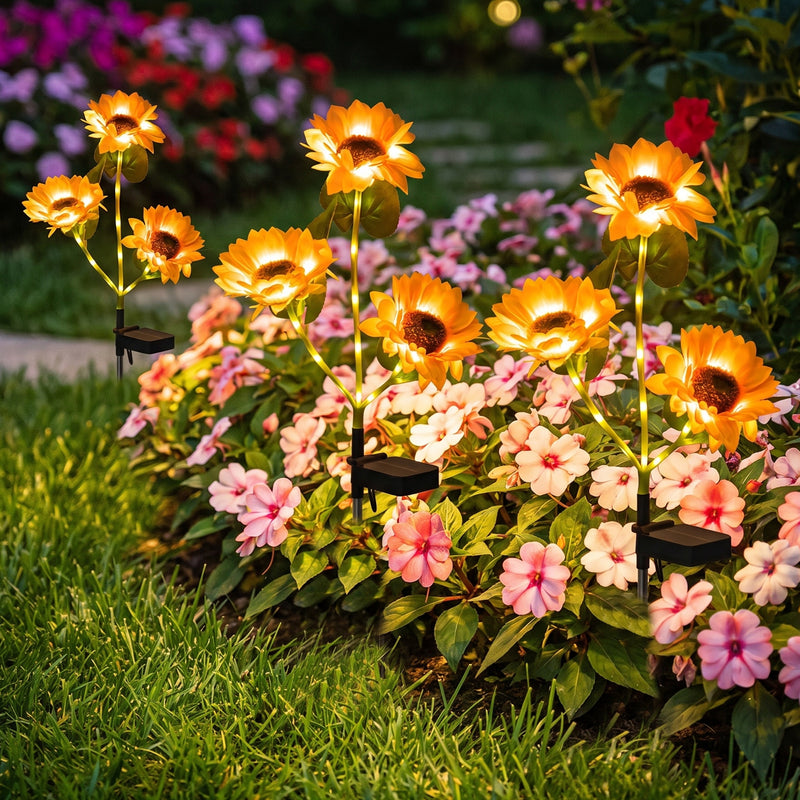 3-Pack Solar Sunflower Stake Lights with Warm White LEDs, Outdoor Waterproof Garden Landscape Pathway Decor