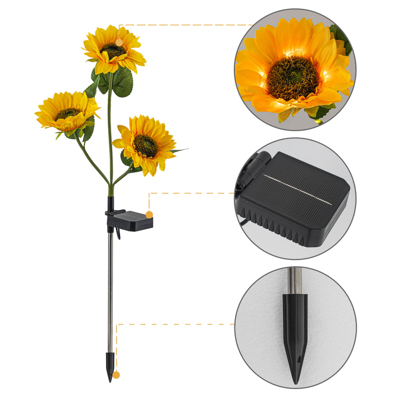 3-Pack Solar Sunflower Stake Lights with Warm White LEDs, Outdoor Waterproof Garden Landscape Pathway Decor