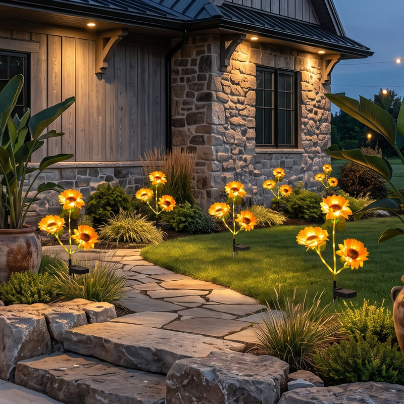 3-Pack Solar Sunflower Stake Lights with Warm White LEDs, Outdoor Waterproof Garden Landscape Pathway Decor