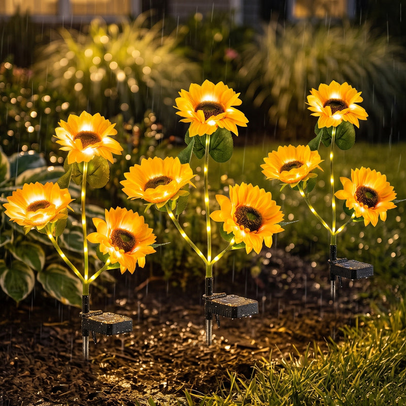 3-Pack Solar Sunflower Stake Lights with Warm White LEDs, Outdoor Waterproof Garden Landscape Pathway Decor