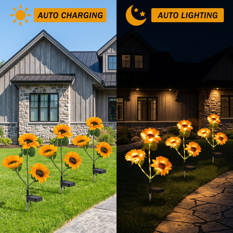 3-Pack Solar Sunflower Stake Lights with Warm White LEDs, Outdoor Waterproof Garden Landscape Pathway Decor