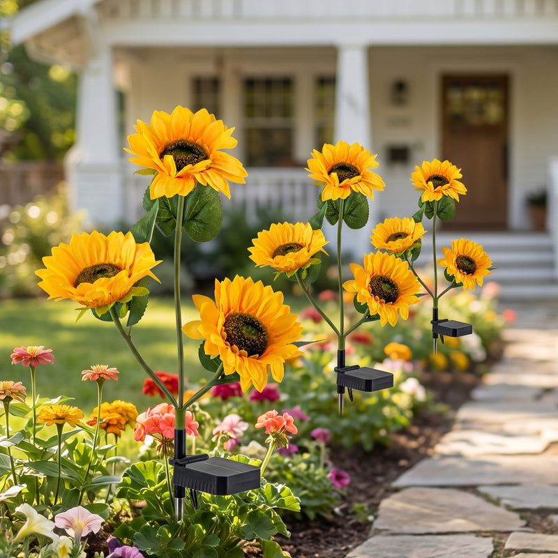 3-Pack Solar Sunflower Stake Lights with Warm White LEDs, Outdoor Waterproof Garden Landscape Pathway Decor