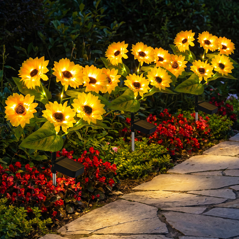 3-Pack Solar Sunflower Stake Lights, LED Outdoor Garden Lights, Waterproof Landscape Pathway Decor, Auto On/Off
