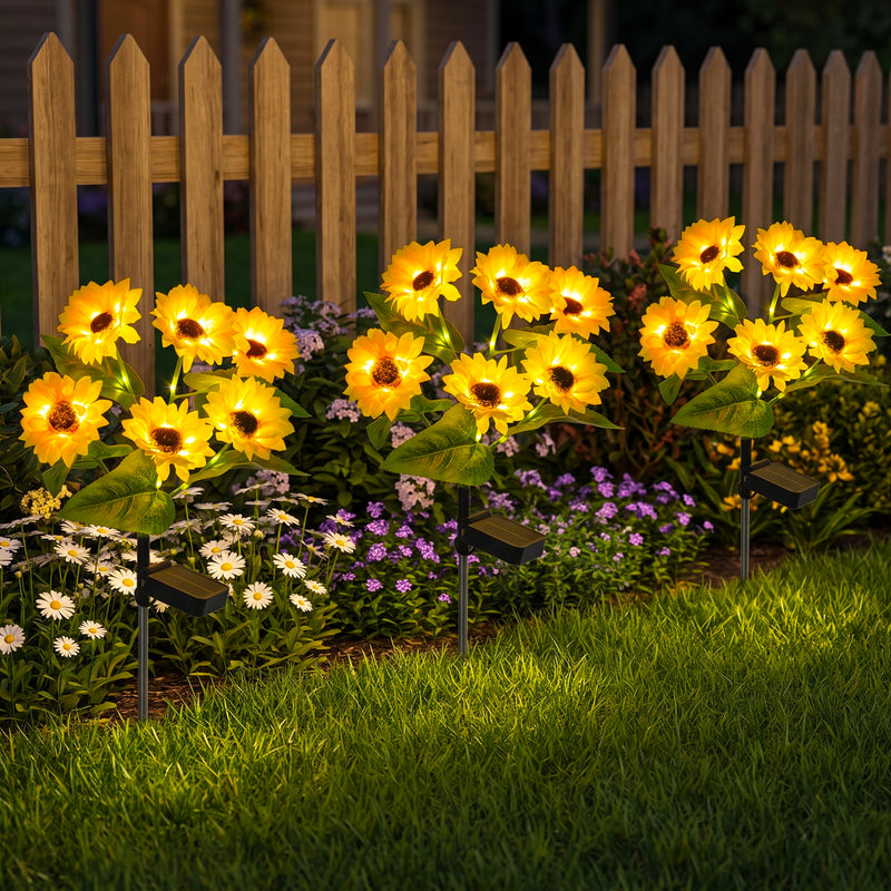 3-Pack Solar Sunflower Stake Lights, LED Outdoor Garden Lights, Waterproof Landscape Pathway Decor, Auto On/Off