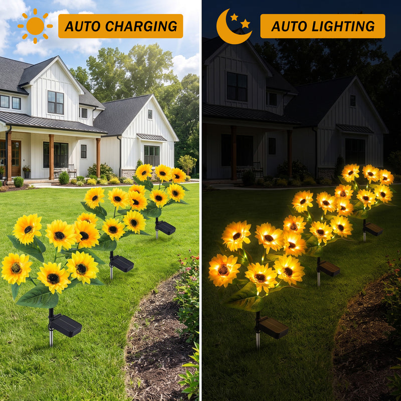 3-Pack Solar Sunflower Stake Lights, LED Outdoor Garden Lights, Waterproof Landscape Pathway Decor, Auto On/Off