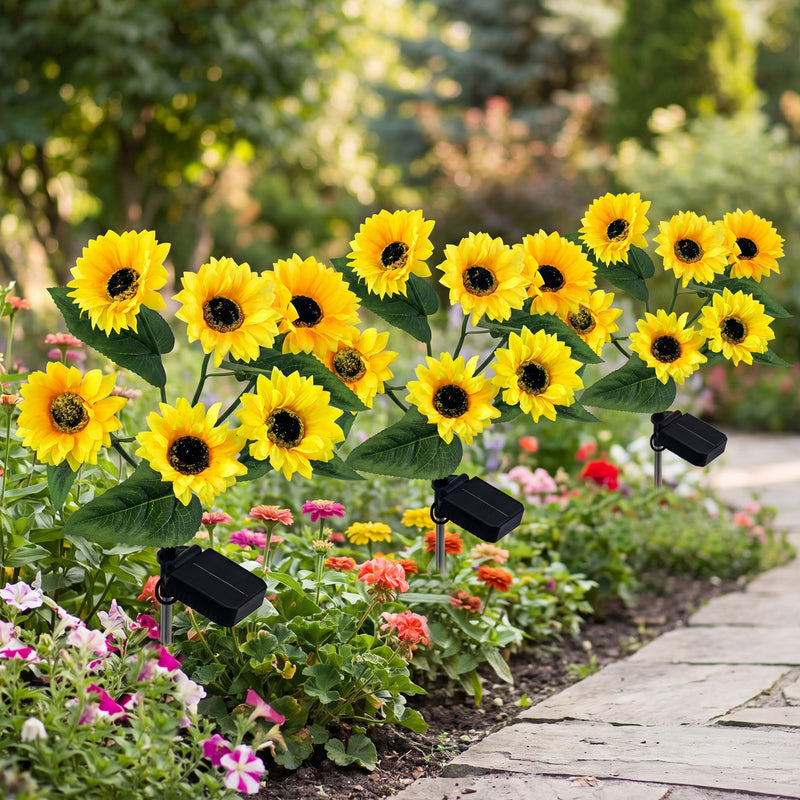 3-Pack Solar Sunflower Stake Lights, LED Outdoor Garden Lights, Waterproof Landscape Pathway Decor, Auto On/Off