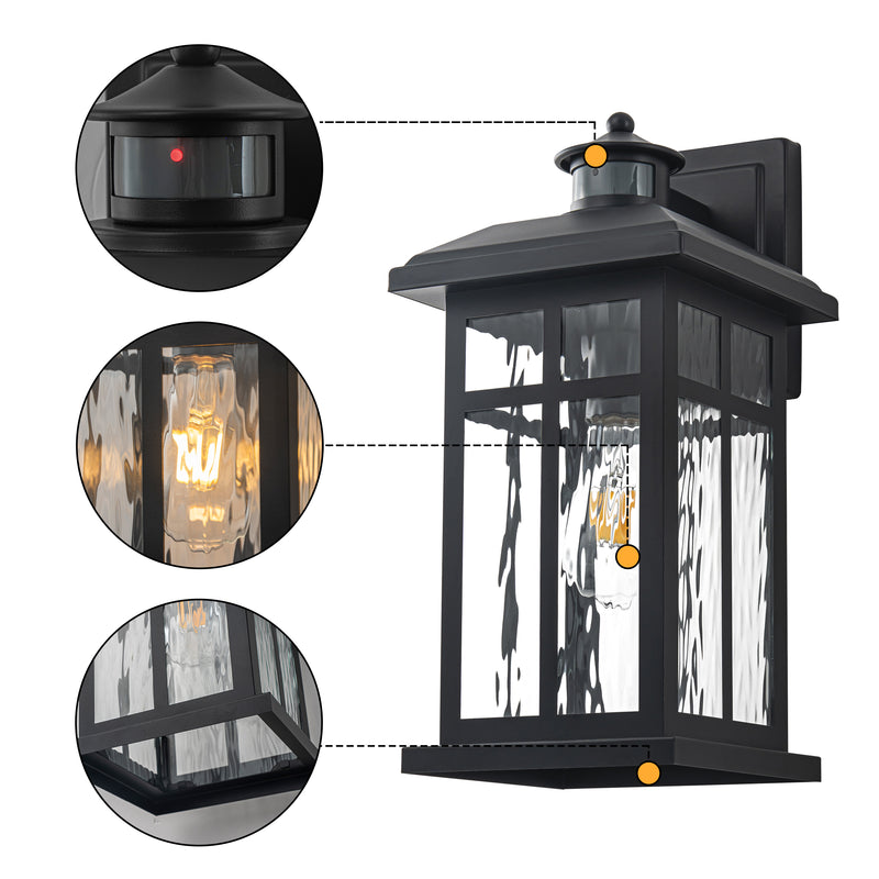 C Cattleya 16-in H Matte Black Hardwired Motion Sensor Dusk to Dawn  Outdoor Wall Light  With  Ripple  Glass