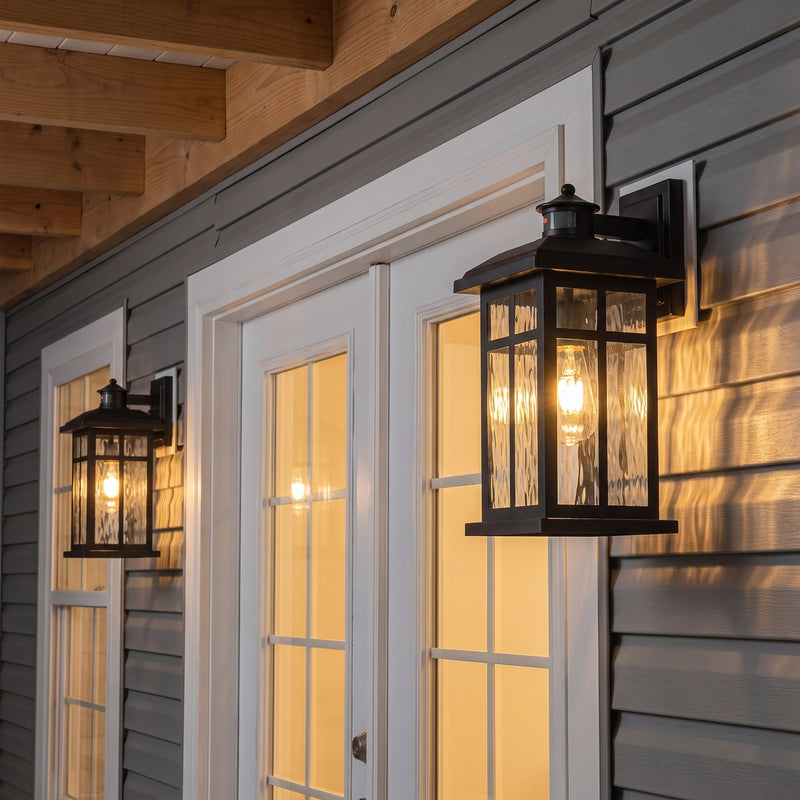 C Cattleya 16-in H Matte Black Hardwired Motion Sensor Dusk to Dawn  Outdoor Wall Light  With  Ripple  Glass