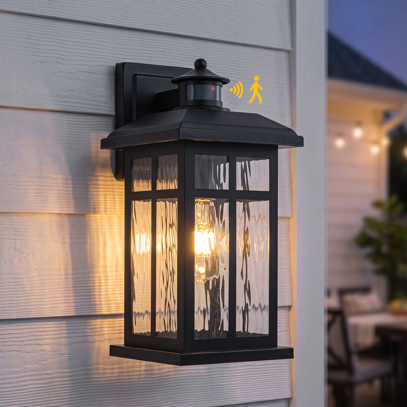 C Cattleya 16-in H Matte Black Hardwired Motion Sensor Dusk to Dawn  Outdoor Wall Light  With  Ripple  Glass