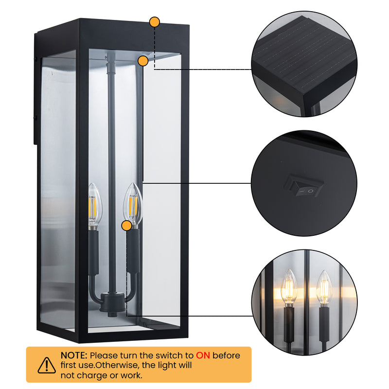 C Cattleya 2-Pack 20-Inch Matte Black Solar Outdoor Wall Lantern with Clear Tempered Glass(Light Bulbs Included)