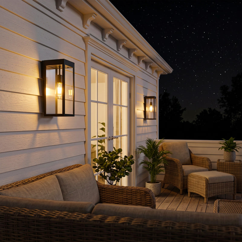C Cattleya 2-Pack 15-Inch Matte Black Solar Outdoor Wall Lantern with Clear Tempered Glass(Light Bulbs Included)