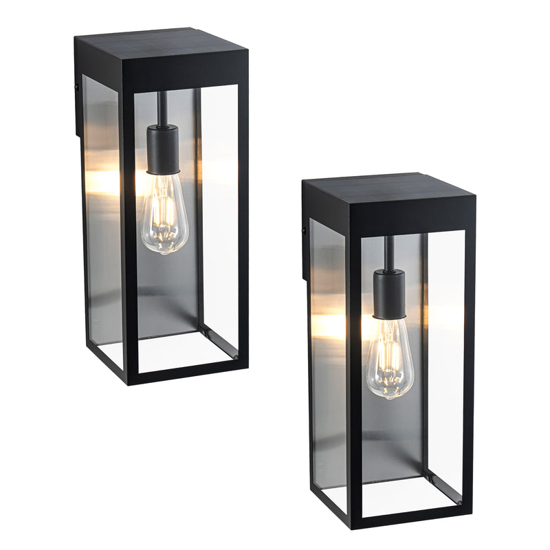 C Cattleya 2-Pack 15-Inch Matte Black Solar Outdoor Wall Lantern with Clear Tempered Glass(Light Bulbs Included)