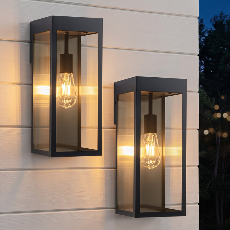 C Cattleya 2-Pack 15-Inch Matte Black Solar Outdoor Wall Lantern with Clear Tempered Glass(Light Bulbs Included)