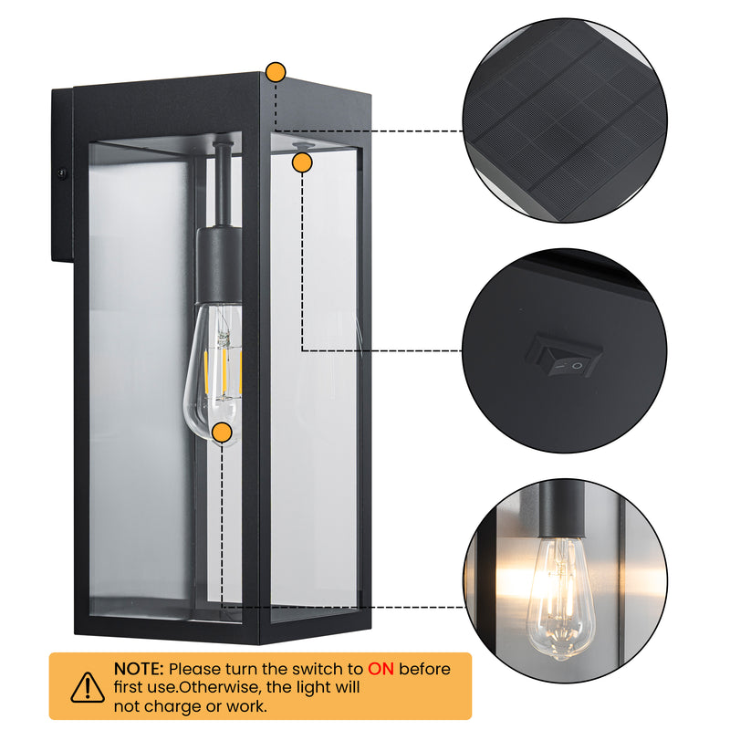 C Cattleya 2-Pack 11.75-Inch Matte Black Solar Outdoor Wall Lantern with Clear Tempered Glass(Light Bulbs Included)
