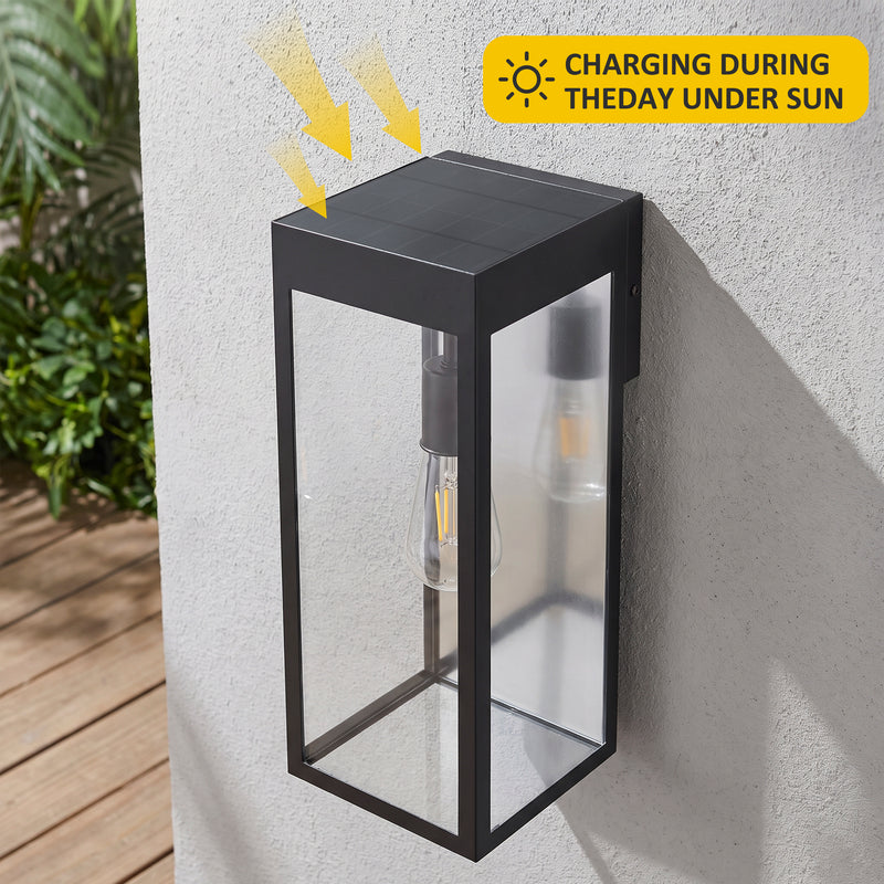 C Cattleya 2-Pack 11.75-Inch Matte Black Solar Outdoor Wall Lantern with Clear Tempered Glass(Light Bulbs Included)