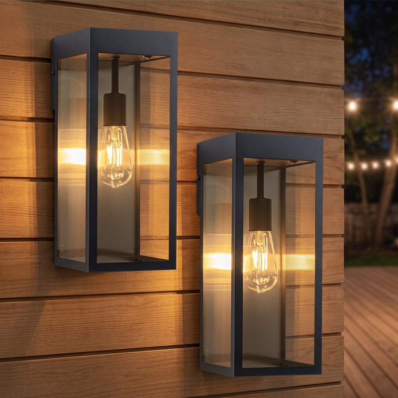 C Cattleya 2-Pack 11.75-Inch Matte Black Solar Outdoor Wall Lantern with Clear Tempered Glass(Light Bulbs Included)