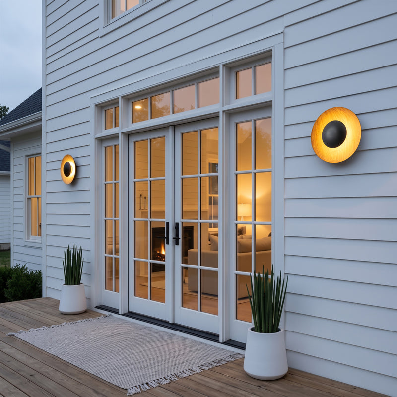 C Cattleya 11.75-Inch Walnut Wood Grain and Matte Black Outdoor LED Wall Sconce,3000K Warm White