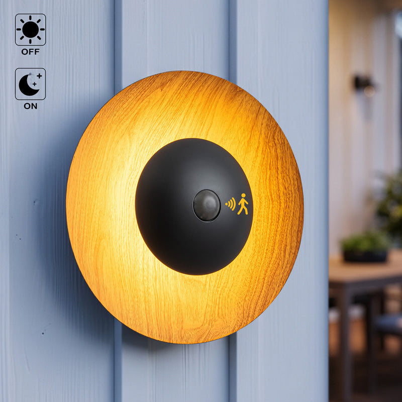 C Cattleya 11.75-Inch Walnut Wood Grain and Matte Black Motion Sensor Outdoor Wall Sconce,3000K Warm White