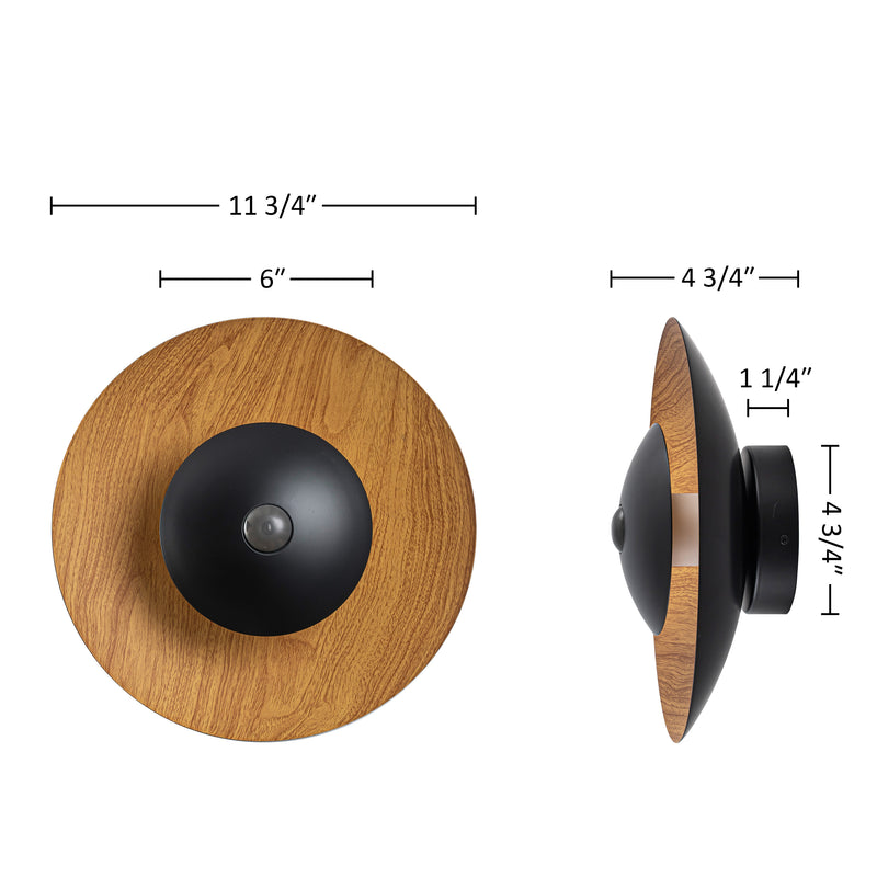 C Cattleya 11.75-Inch Walnut Wood Grain and Matte Black Motion Sensor Outdoor Wall Sconce,3000K Warm White