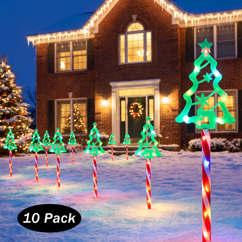 C Cattleya 21.25" Christmas Tree-Shaped Outdoor LED Pathway Stake Lights with 10 Lighting Modes, 10-Pack