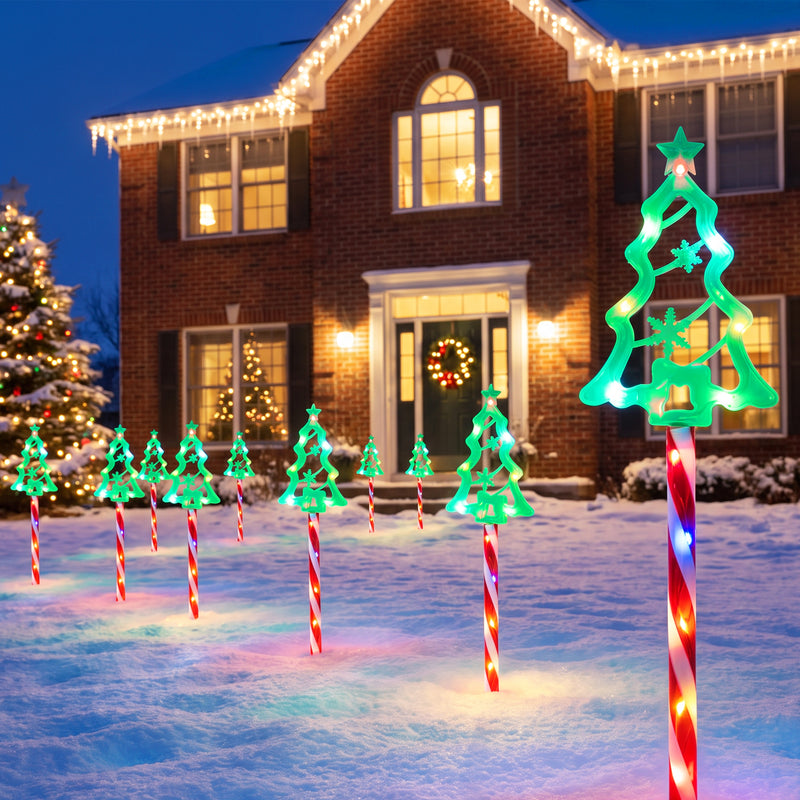 C Cattleya 21.25" Christmas Tree-Shaped Outdoor LED Pathway Stake Lights with 10 Lighting Modes, 10-Pack