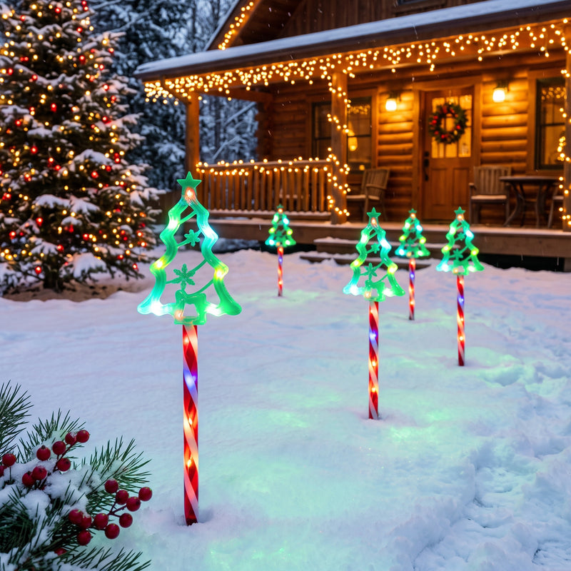 C Cattleya 21.25" Christmas Tree-Shaped Outdoor LED Pathway Stake Lights with 10 Lighting Modes, 10-Pack