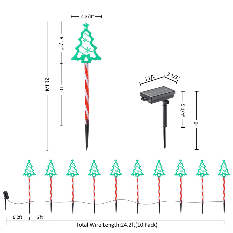 C Cattleya 21.25" Christmas Tree-Shaped Outdoor LED Pathway Stake Lights with 10 Lighting Modes, 10-Pack
