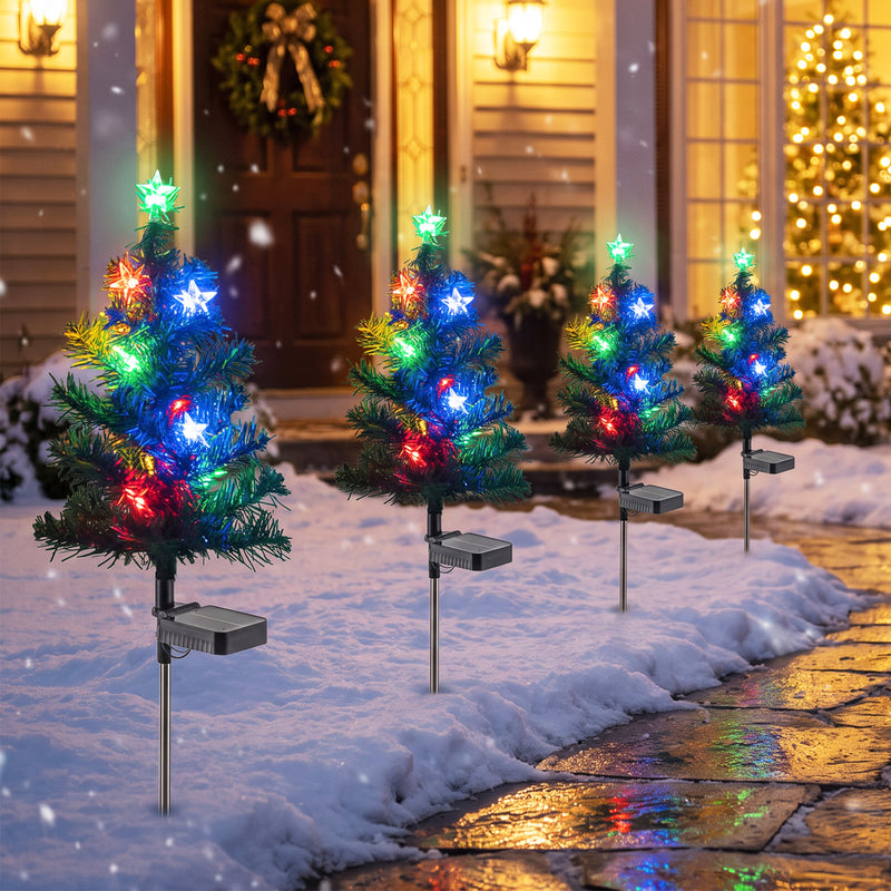 C Cattleya 28.5" Solar Christmas Tree Stake Lights, Multicolor LED Outdoor Pathway Lights, 4-Pack