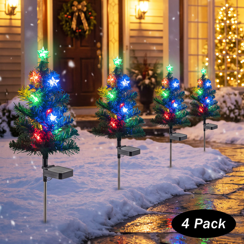 C Cattleya 28.5" Solar Christmas Tree Stake Lights, Multicolor LED Outdoor Pathway Lights, 4-Pack