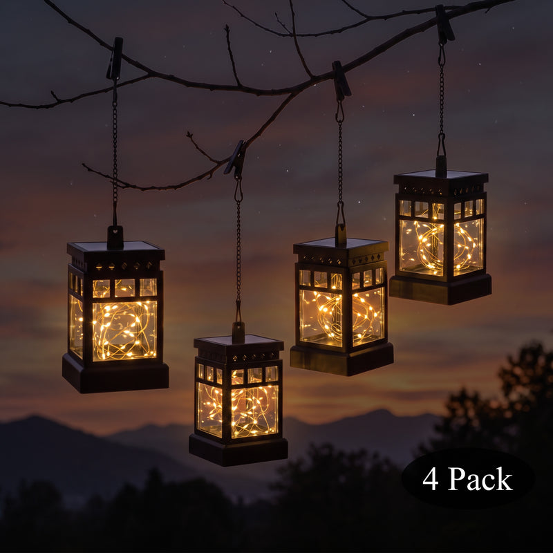 C Cattleya 4-Pack Solar Outdoor Hanging Lanterns, Black Cage Design with 3000K Warm White LED Fairy Lights