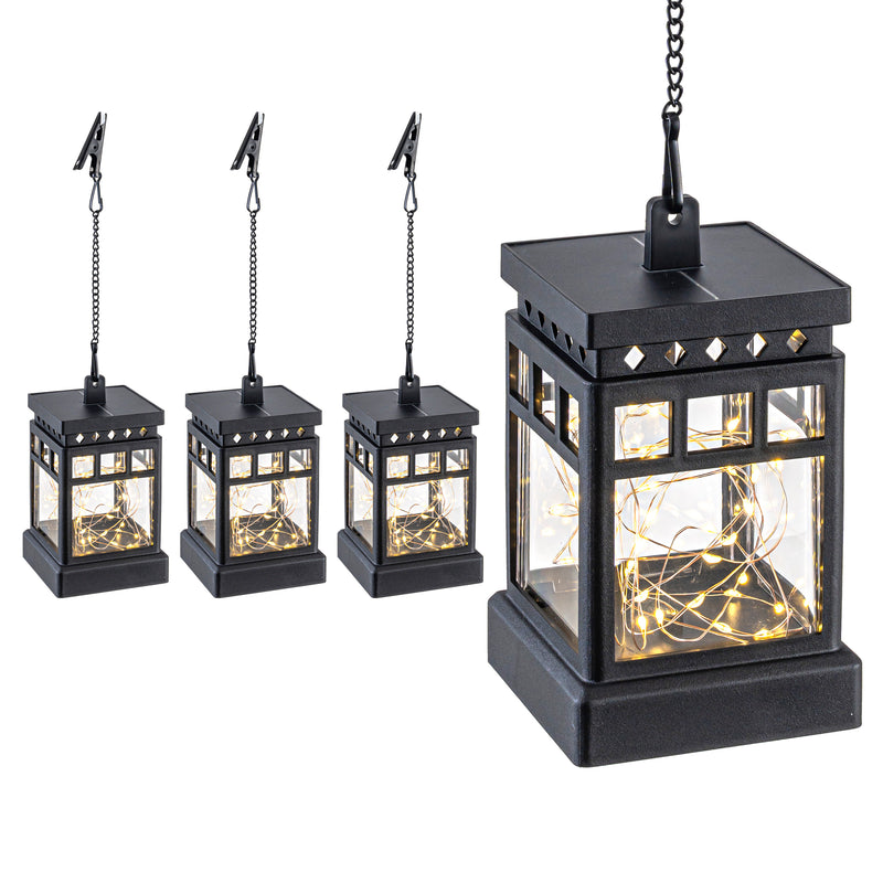 C Cattleya 4-Pack Solar Outdoor Hanging Lanterns, Black Cage Design with 3000K Warm White LED Fairy Lights