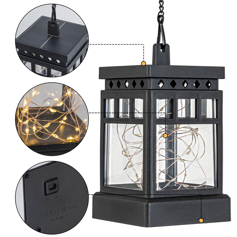 C Cattleya 4-Pack Solar Outdoor Hanging Lanterns, Black Cage Design with 3000K Warm White LED Fairy Lights