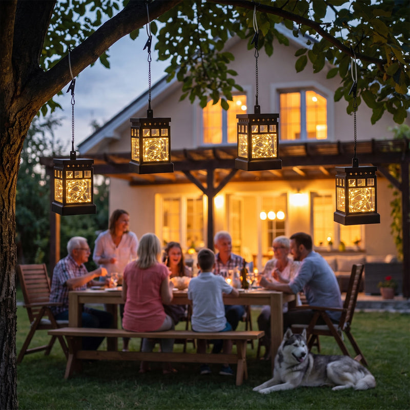C Cattleya 4-Pack Solar Outdoor Hanging Lanterns, Black Cage Design with 3000K Warm White LED Fairy Lights