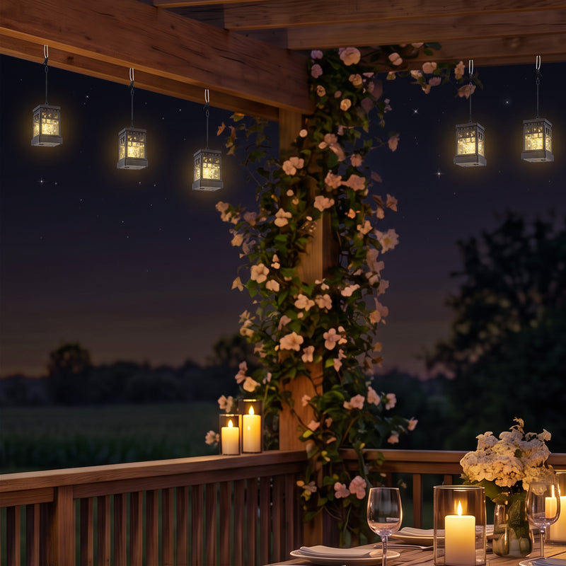 C Cattleya 4-Pack Solar Outdoor Hanging Lanterns, Black Cage Design with 3000K Warm White LED Fairy Lights