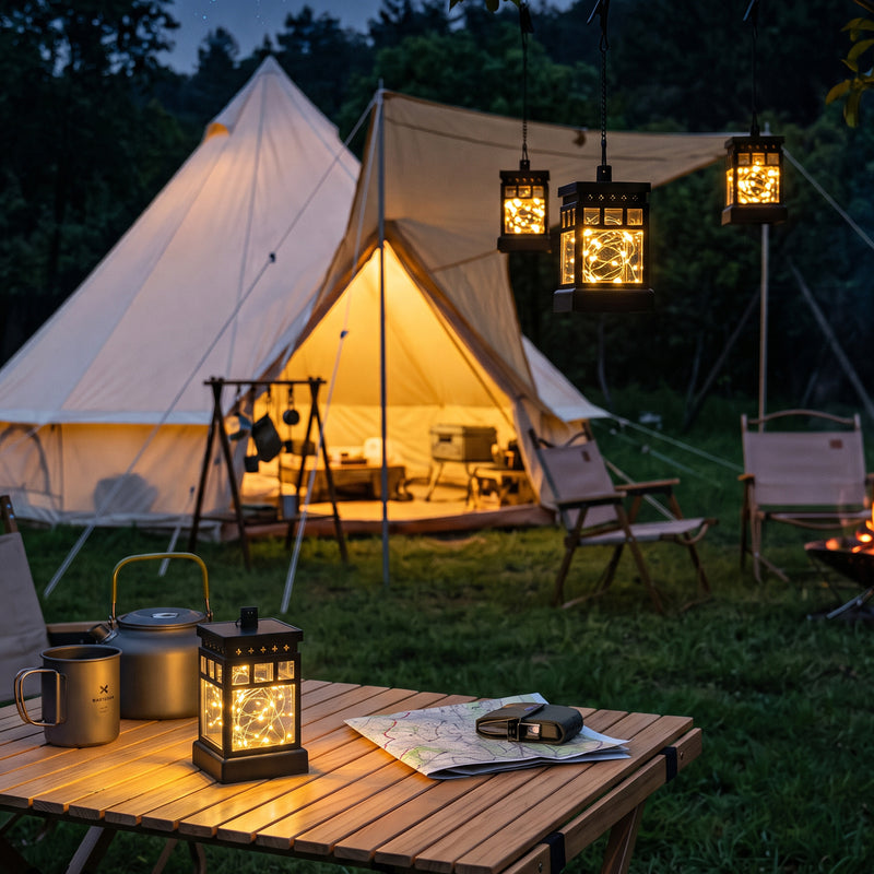 C Cattleya 4-Pack Solar Outdoor Hanging Lanterns, Black Cage Design with 3000K Warm White LED Fairy Lights