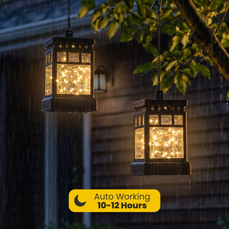 C Cattleya 4-Pack Solar Outdoor Hanging Lanterns, Black Cage Design with 3000K Warm White LED Fairy Lights
