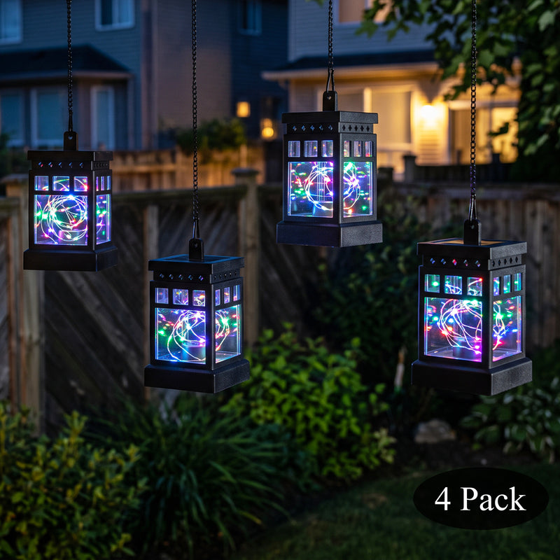 C Cattleya 4-Pack Solar Outdoor Hanging Lanterns, Black Cage Design with Multicolor LED Fairy Lights