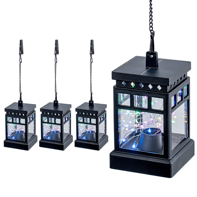 C Cattleya 4-Pack Solar Outdoor Hanging Lanterns, Black Cage Design with Multicolor LED Fairy Lights