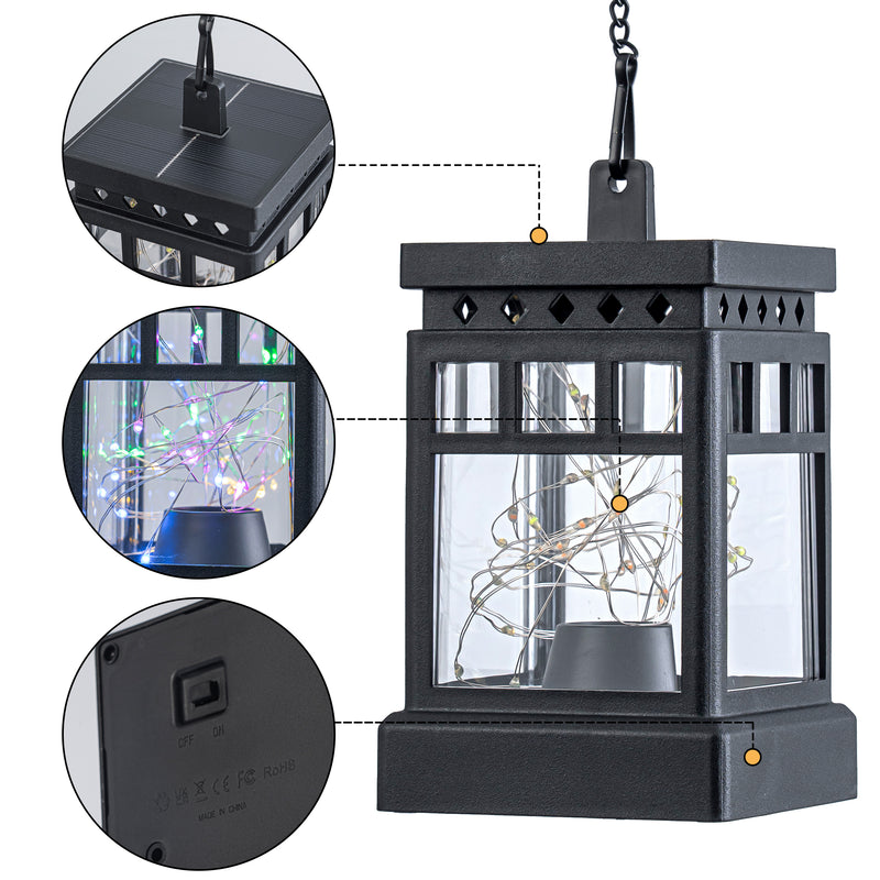 C Cattleya 4-Pack Solar Outdoor Hanging Lanterns, Black Cage Design with Multicolor LED Fairy Lights
