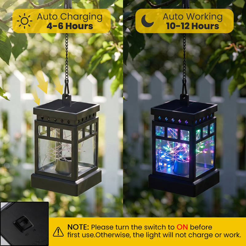 C Cattleya 4-Pack Solar Outdoor Hanging Lanterns, Black Cage Design with Multicolor LED Fairy Lights
